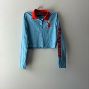 Missguided Playboy long sleeve crop top blue and orange‎ size S